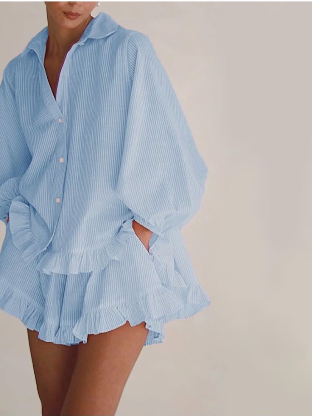 Light Blue Striped Ruffle Button-Down Set